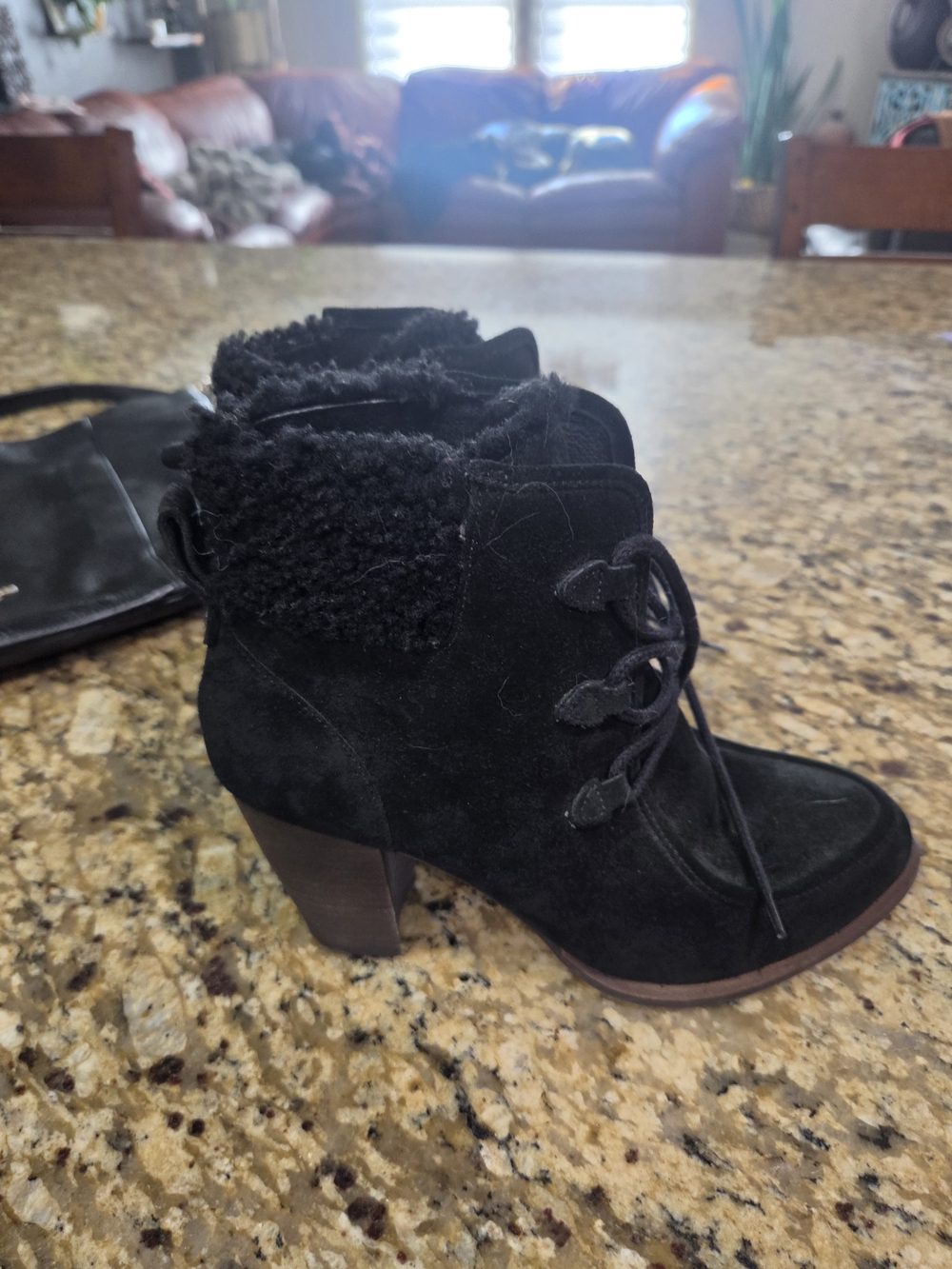 UGG Black Suede Heeled Lace-Up Ankle Boot with Shearling Cuff
